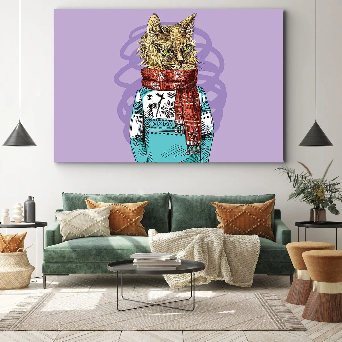 Obraz na plátně - Kočka ve svetru a šálu na fialovém pozadí - 70x50cm - Kočka nejenom v botách - Moderní nástěnná dekorace do obývacího pokoje a ložnice ARTTOR