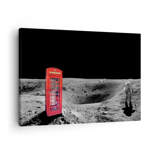 Obraz na plátně - Červená telefonní budka na Měsíci - 70x50cm - Kosmický žert - Moderní nástěnná dekorace do obývacího pokoje a ložnice ARTTOR