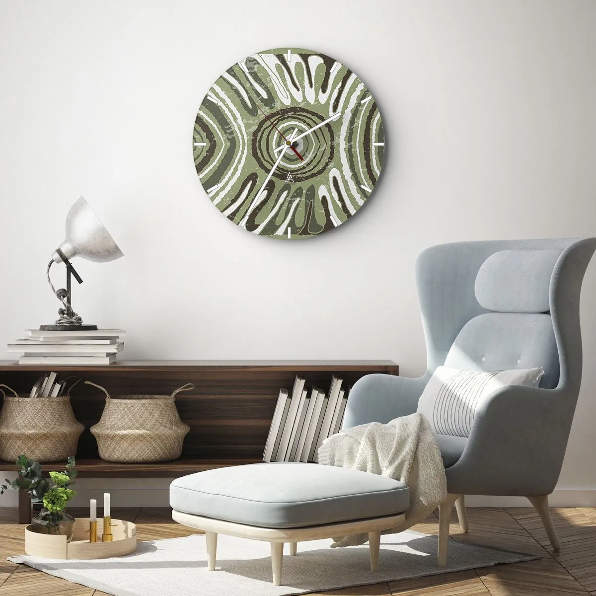 Nástěnné hodiny - Zelená a hnědá symetrická kompozice se soustřednými vzory - 30x30cm - Exploze emocí - Moderní nástěnná dekorace do obývacího pokoje, kuchyně a ložnice ARTTOR