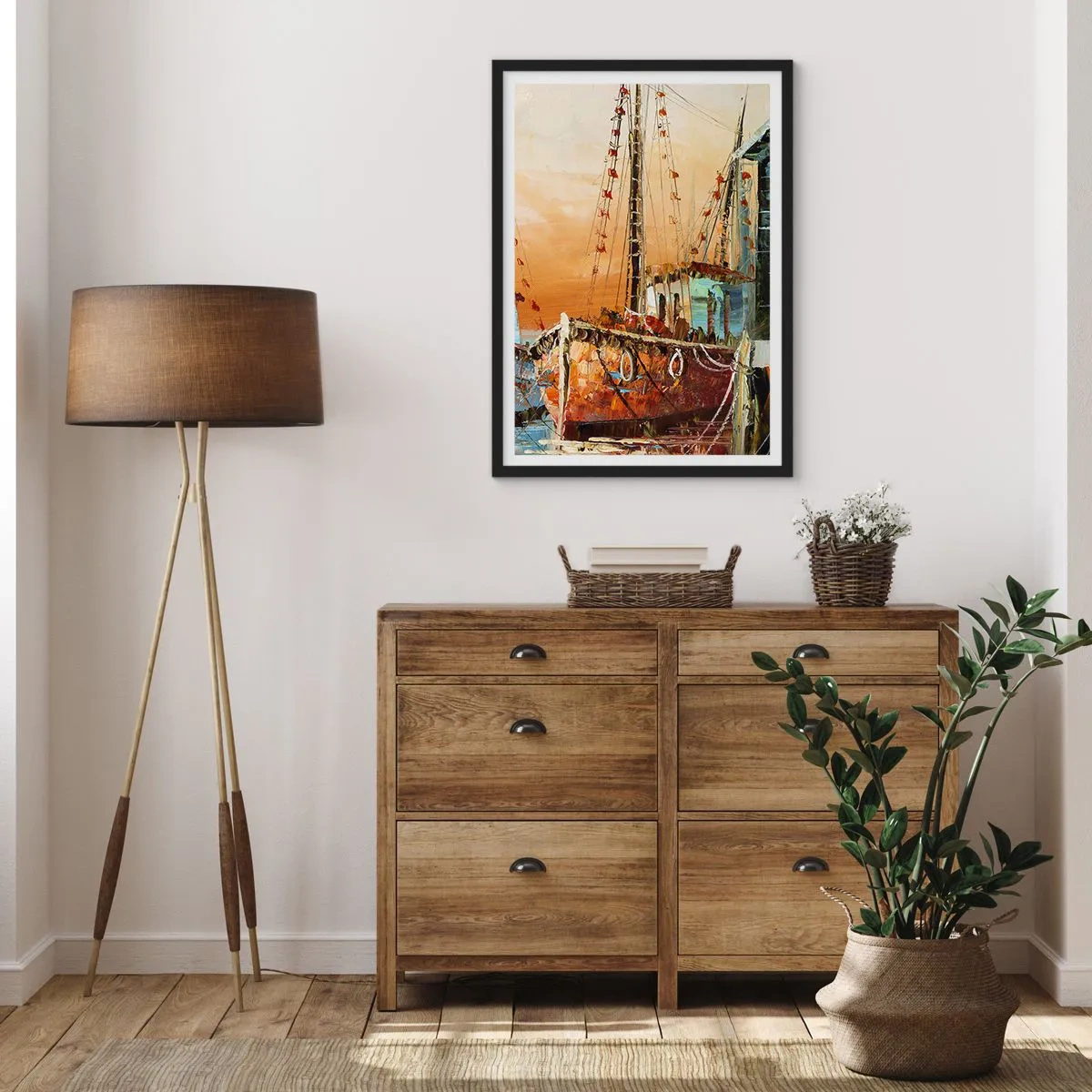 Plakát v černém rámu - Plachetnice na pozadí zapadajícího slunce - 50x70cm - Klidný návrat - Moderní nástěnná dekorace do obývacího pokoje a ložnice ARTTOR