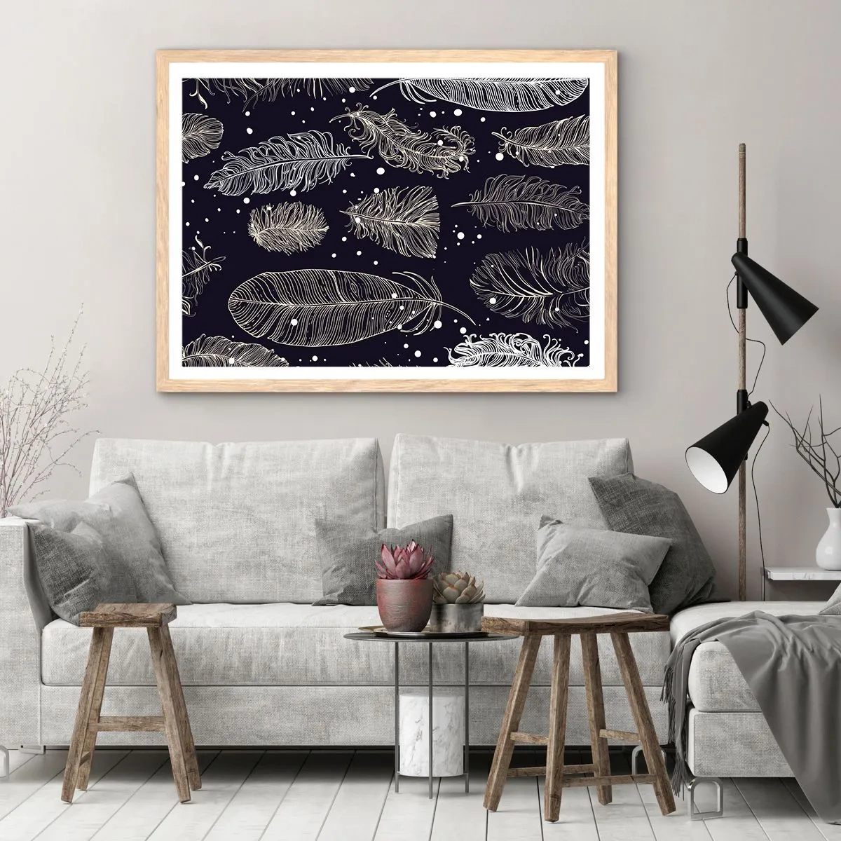 Plakát v rámu světlý dub - Krajka s peřím - 100x70 cm