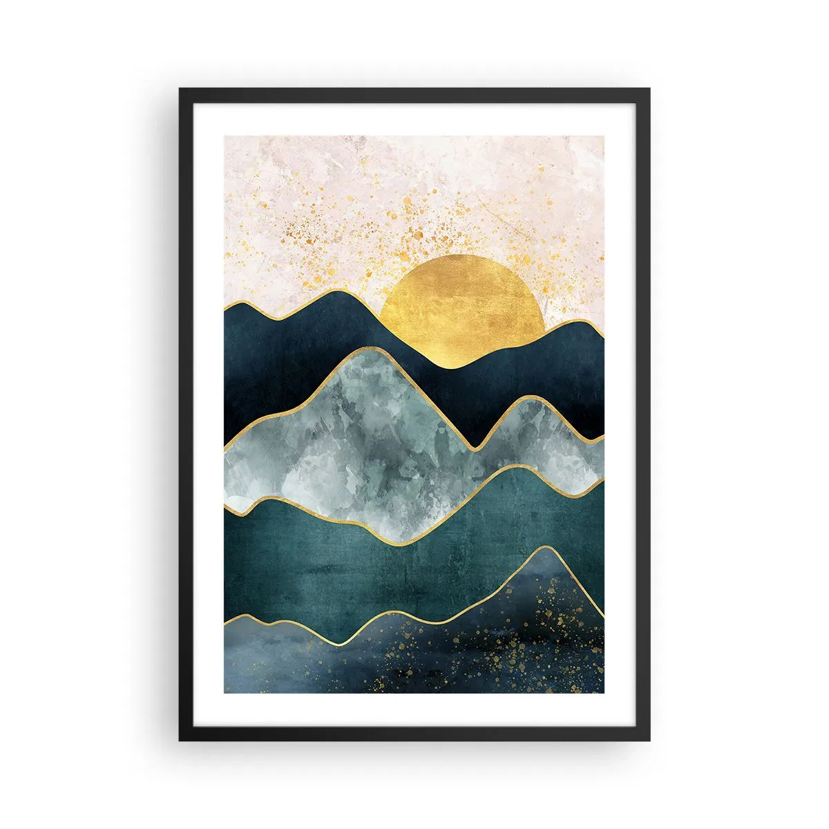 Plakát v černém rámu - Abstraktní hory a zlaté slunce v pozadí - 50x70cm - Za sedmero horami - Moderní nástěnná dekorace do obývacího pokoje a ložnice ARTTOR