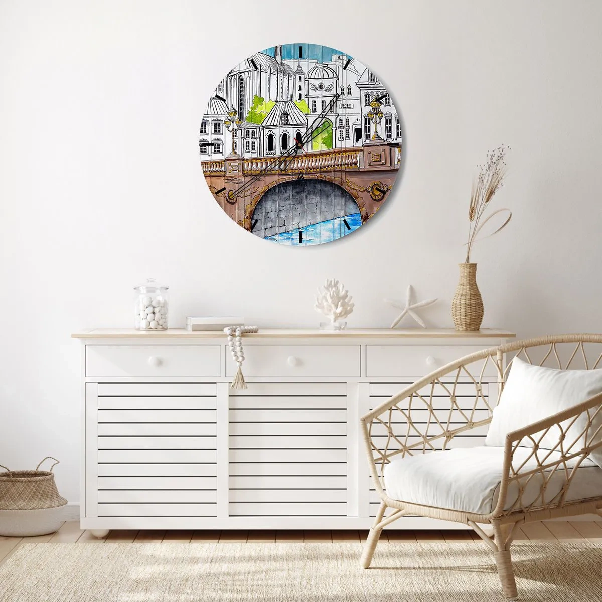 Nástěnné hodiny - Ilustrace městské architektury s mostem - 30x30cm - Město jako malované - Moderní nástěnná dekorace do obývacího pokoje, kuchyně a ložnice ARTTOR