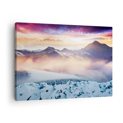 Obraz na plátně - Zasněžené hory za úsvitu s barevnou oblohou - 70x50cm - Síla a čistota přírody - Moderní nástěnná dekorace do obývacího pokoje a ložnice ARTTOR