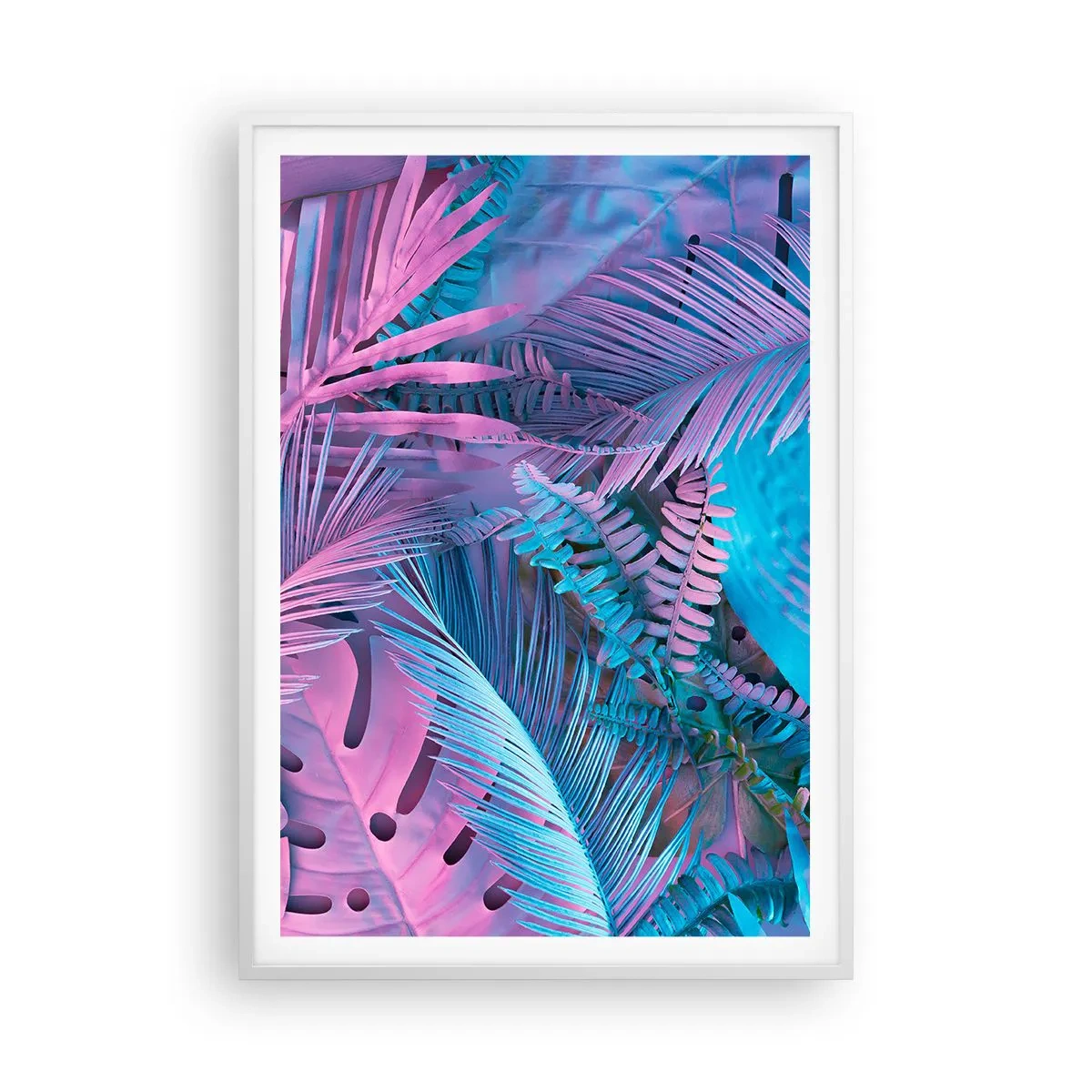 Plakát v bílém rámu - Tropy v růžové a modré - 70x100 cm