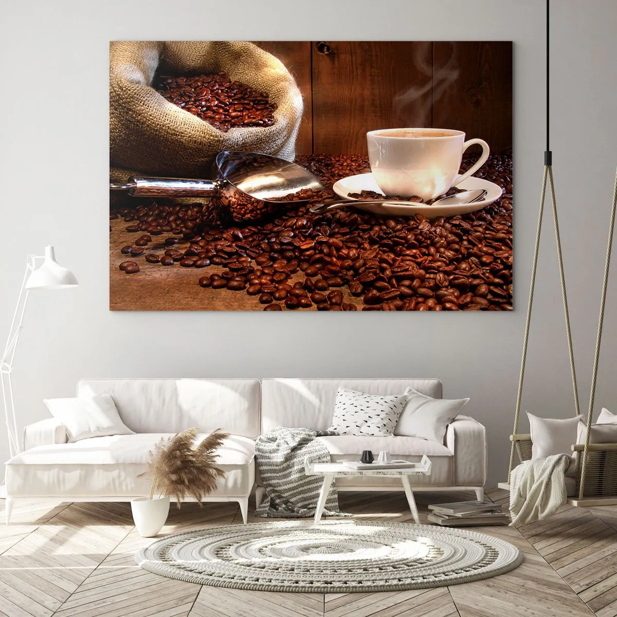 Obraz na skle - Šálek kávy na pozadí fazolí a jutového sáčku - 70x50cm - Cítíte tu vůni? - Moderní nástěnná dekorace do obývacího pokoje a ložnice ARTTOR