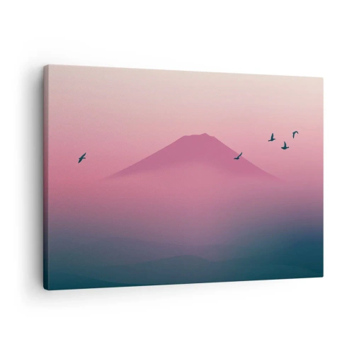 Obraz na plátně - Minimalistická krajina s horami a ptáky při východu slunce - 70x50cm - Poutníci nad oblaky - Moderní nástěnná dekorace do obývacího pokoje a ložnice ARTTOR