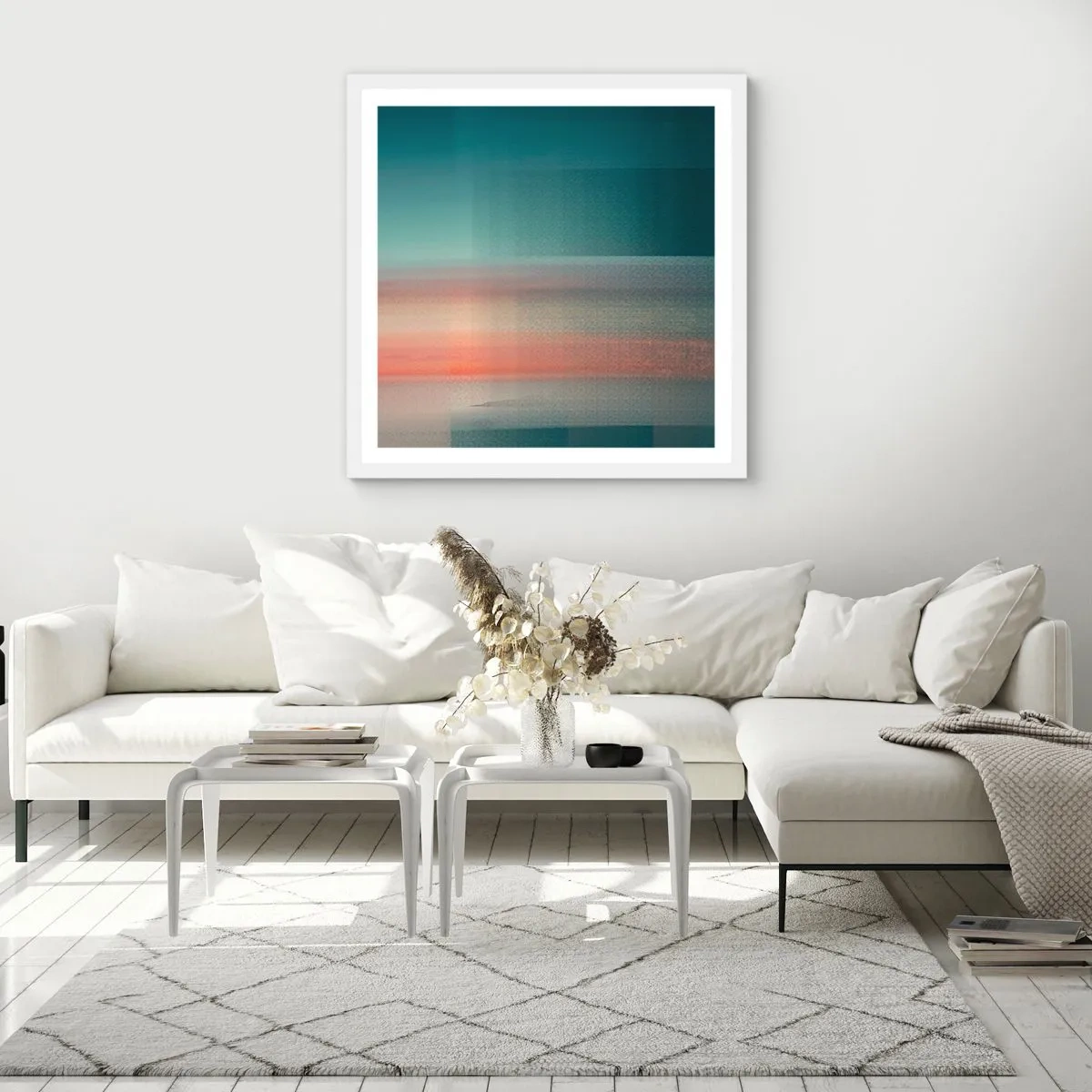 Plakát v bílém rámu - Abstrakce: vlny světla - 60x60 cm