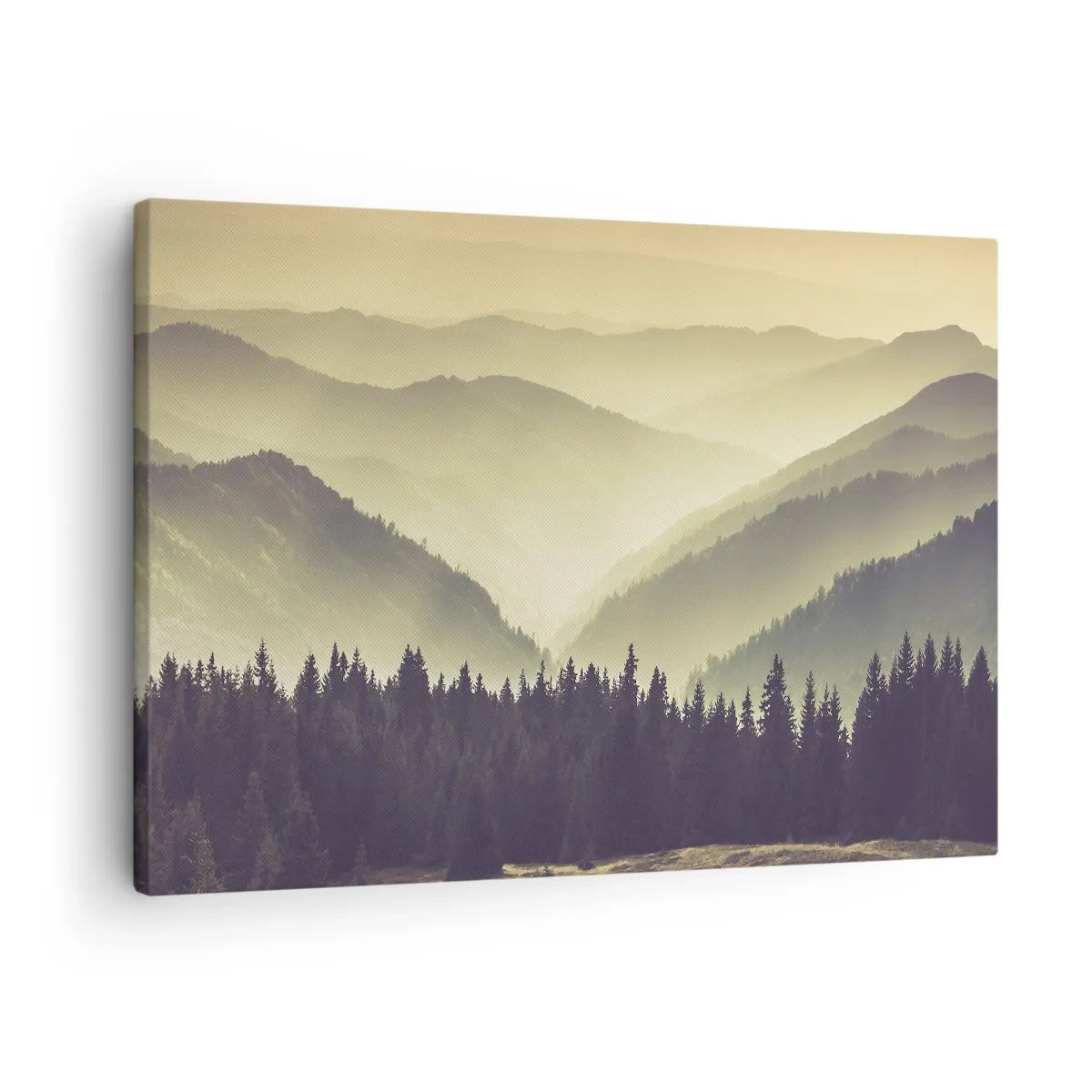 Obraz na plátně - Malebné horské pásma zahalené v mlze v teplém světle - 70x50cm - Za sedmero horami… - Moderní nástěnná dekorace do obývacího pokoje a ložnice ARTTOR