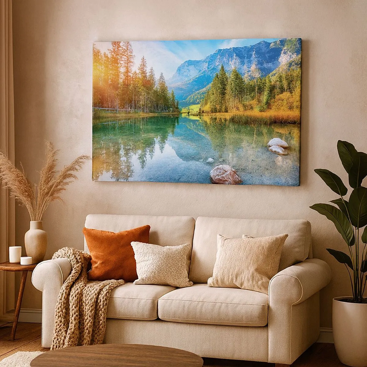 Obraz na plátně - Malebné jezero obklopené horami a lesy - 70x50cm - Něžnost podzimu - Moderní nástěnná dekorace do obývacího pokoje a ložnice ARTTOR