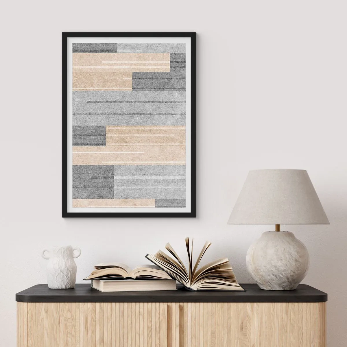 Plakát v černém rámu - Moderní geometrická kompozice v odstínech šedé a béžové - 50x70cm - Kompozice: drž se - Moderní nástěnná dekorace do obývacího pokoje a ložnice ARTTOR