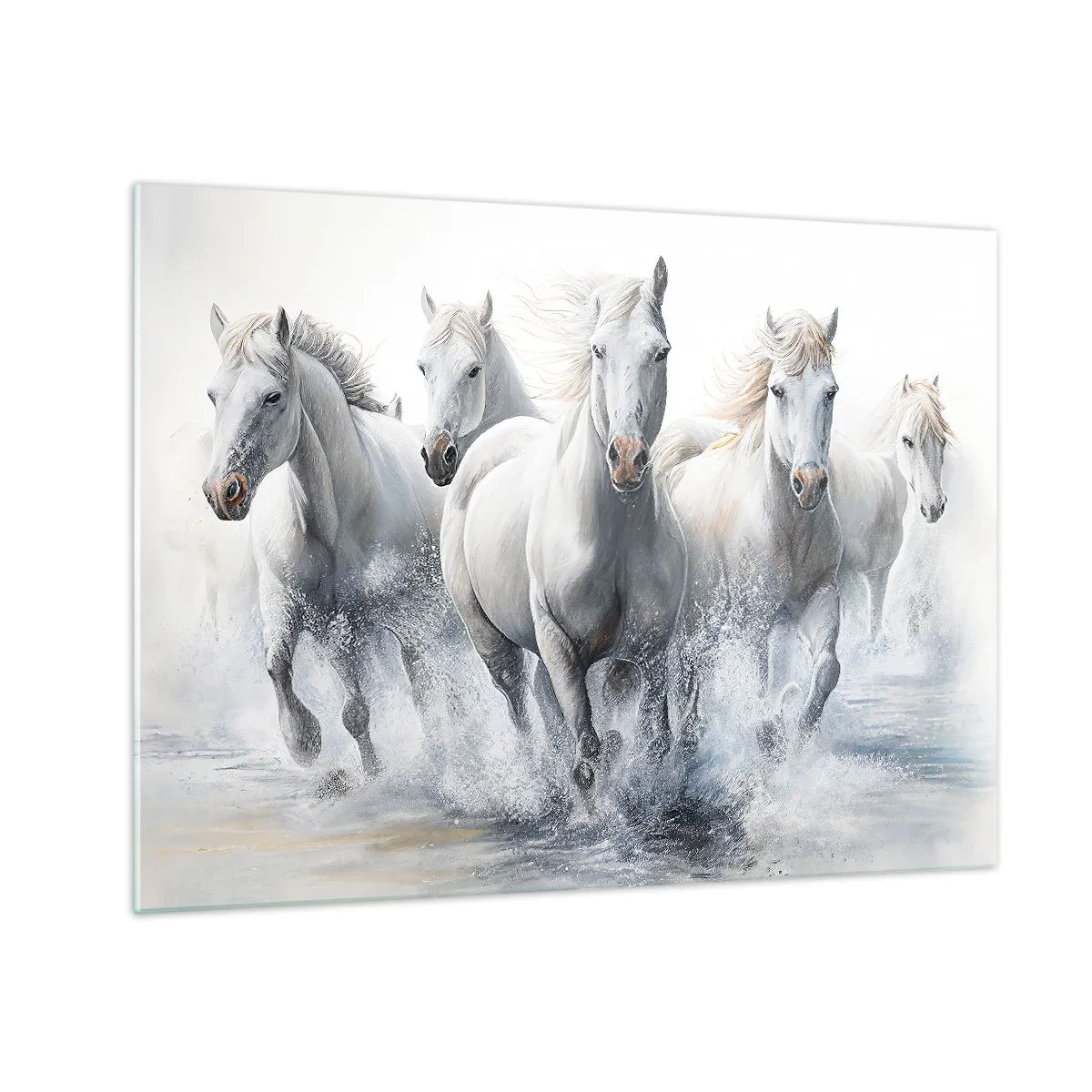 Obraz na skle - Bílí koně cválající po vodě v dynamické kompozici - 70x50cm - Bílá magie - Moderní nástěnná dekorace do obývacího pokoje a ložnice ARTTOR