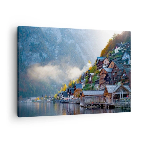 Obraz na plátně - Horská vesnice u jezera v podzimní krajině - 70x50cm - Alpská krajina - Moderní nástěnná dekorace do obývacího pokoje a ložnice ARTTOR