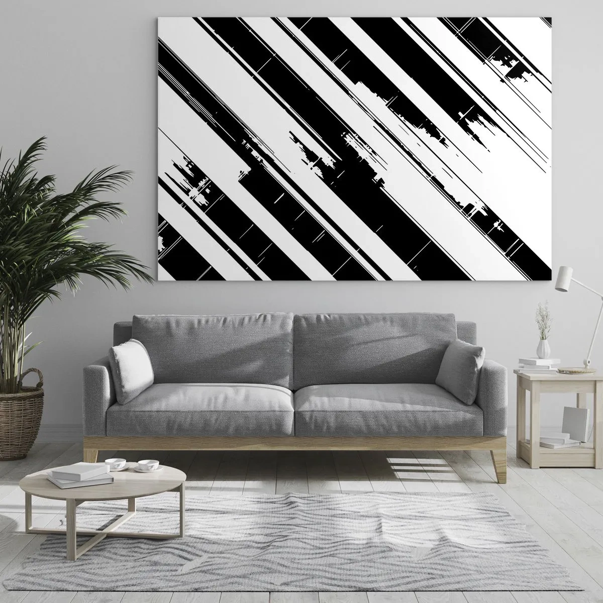 Obraz na skle - Dynamické černobílé pruhy s efektem opotřebení - 70x50cm - Intenzivní a dynamická kompozice - Moderní nástěnná dekorace do obývacího pokoje a ložnice ARTTOR