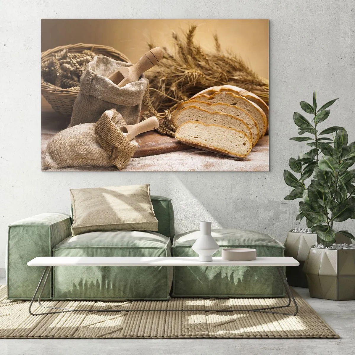 Obraz na skle - Chléb, mouka a klasy obilí v rustikálním stylu - 70x50cm - Jako utnout nožem - Moderní nástěnná dekorace do obývacího pokoje a ložnice ARTTOR
