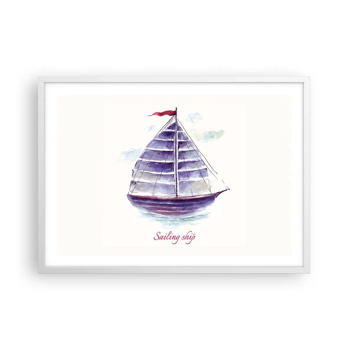 Plakát v bílém rámu - Napnuté plachty a klidná voda - 70x50 cm