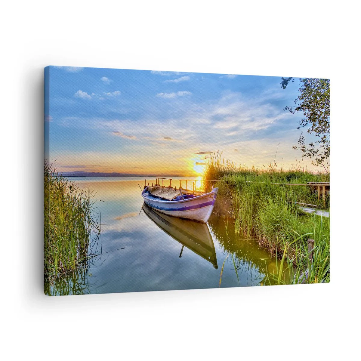 Obraz na plátně - Loď v klidné zátoce při západu slunce - 70x50cm - Zátoka splněných snů - Moderní nástěnná dekorace do obývacího pokoje a ložnice ARTTOR
