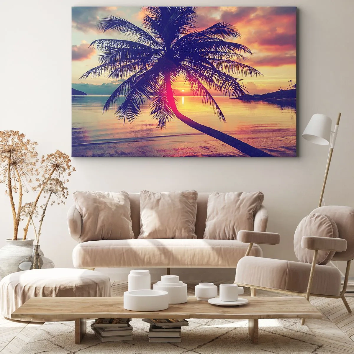 Obraz na plátně - Západ slunce s palmou nad klidným pobřežím - 70x50cm - Večer pod palmami - Moderní nástěnná dekorace do obývacího pokoje a ložnice ARTTOR