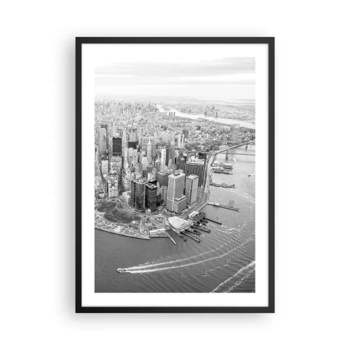 Plakát v černém rámu - Černobílé panorama města s výhledem na vodu - 50x70cm - Jak nemilovat? - Moderní nástěnná dekorace do obývacího pokoje a ložnice ARTTOR