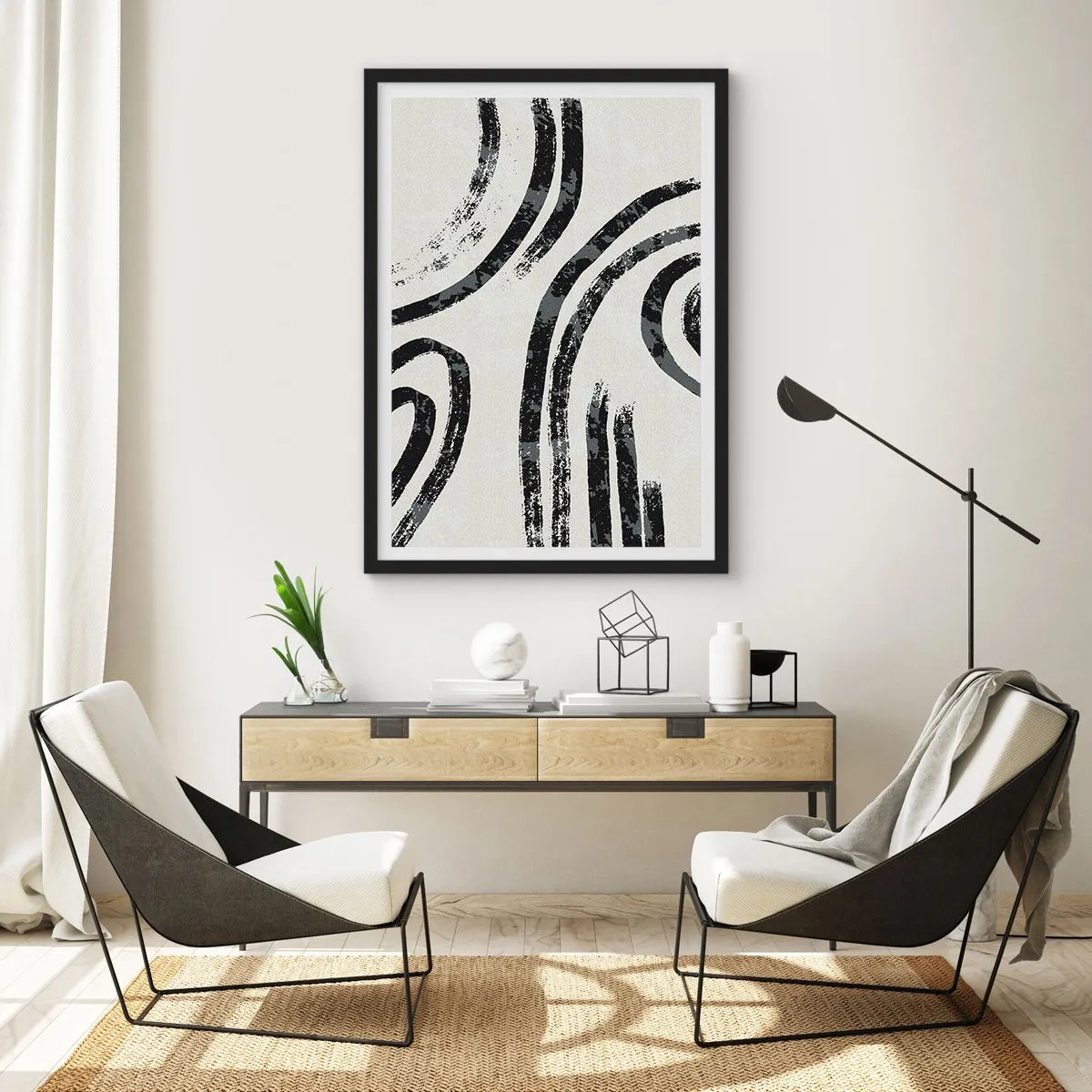 Plakát v černém rámu - Abstraktní černé čáry na světlém pozadí - 50x70cm - Napůl zastavený - Moderní nástěnná dekorace do obývacího pokoje a ložnice ARTTOR