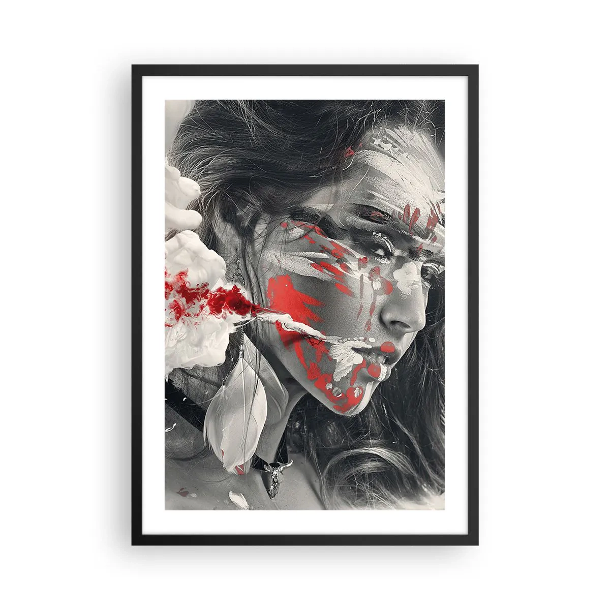 Plakát v černém rámu - Umělecký portrét s červeným akcentem - 50x70cm - Ve spárech absurdity - Moderní nástěnná dekorace do obývacího pokoje a ložnice ARTTOR