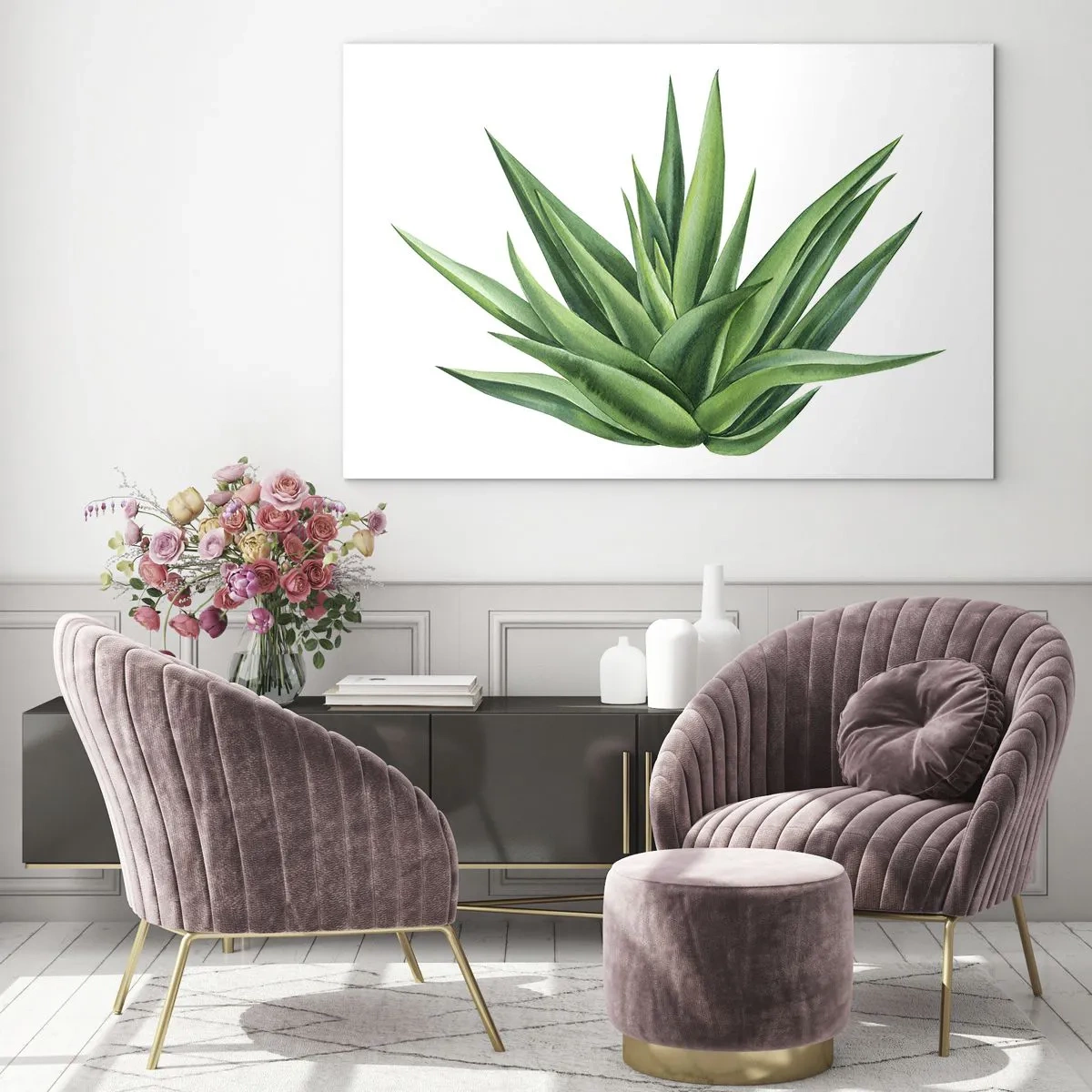 Obraz na skle - Zelená rostlina s dužnatými listy na bílém pozadí - 70x50cm - Zelená – síla – život - Moderní nástěnná dekorace do obývacího pokoje a ložnice ARTTOR