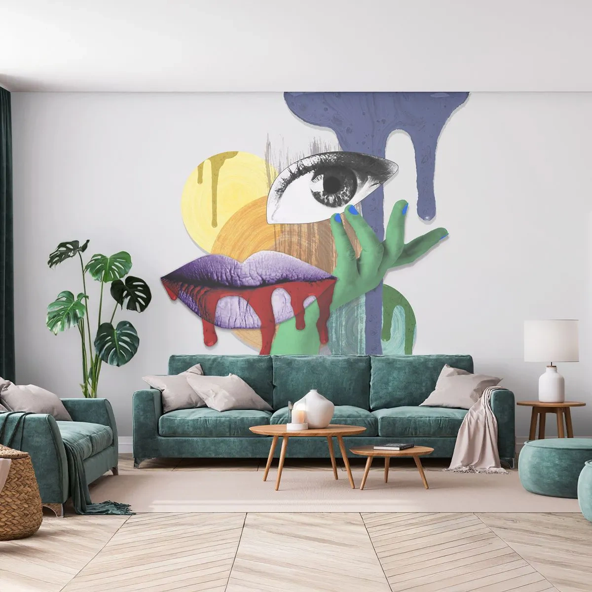 Fototapeta Standard Eco - Abstraktní kolážová kompozice s okem a ústy - 100x70cm - Zdeformovaný portrét - Moderní nástěnná dekorace do obývacího pokoje a ložnice ARTTOR