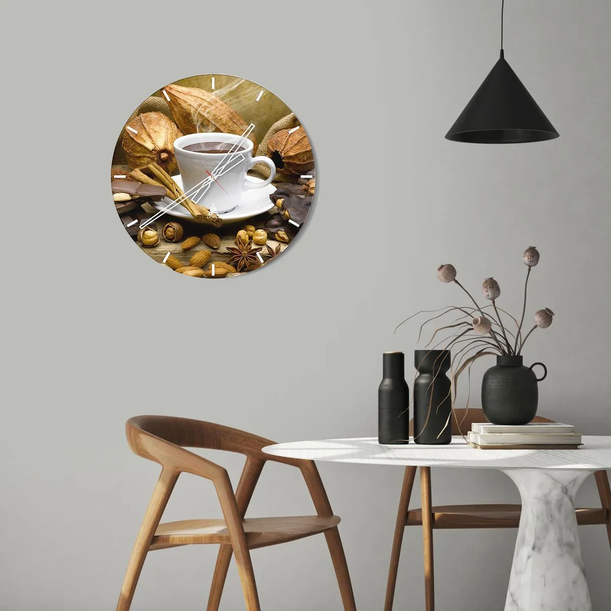 Nástěnné hodiny - Šálek horké čokolády s kořením a kakaovými boby - 30x30cm - Pro hledače vzrušení - Moderní nástěnná dekorace do obývacího pokoje, kuchyně a ložnice ARTTOR
