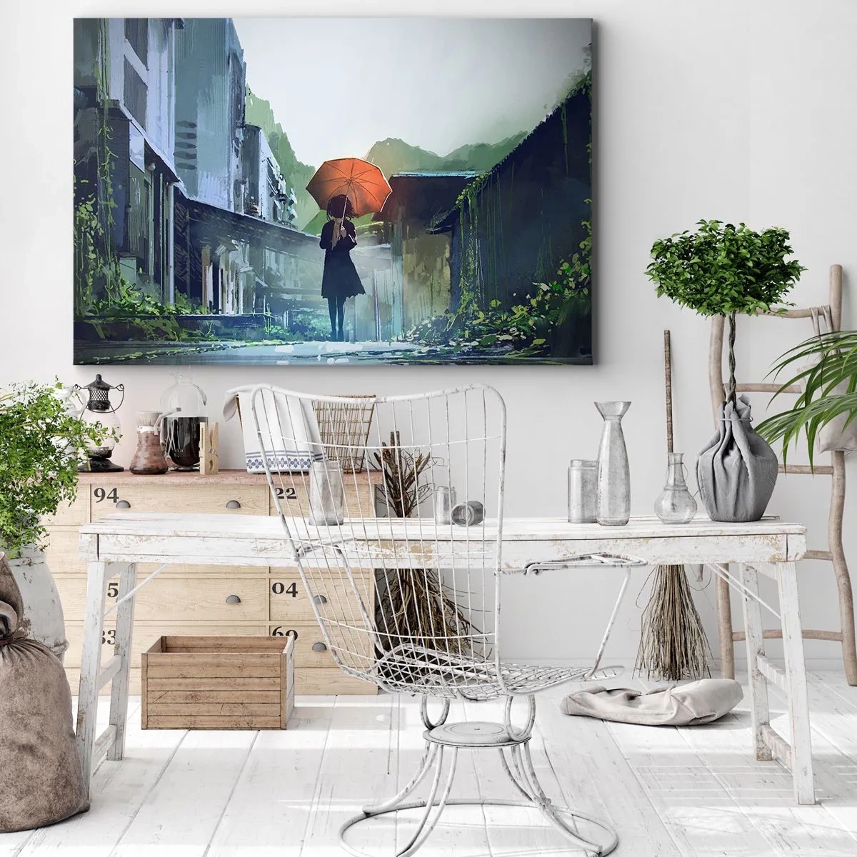Obraz na plátně - Postava s deštníkem v deštivém městě - 70x50cm - Oživující déšť - Moderní nástěnná dekorace do obývacího pokoje a ložnice ARTTOR