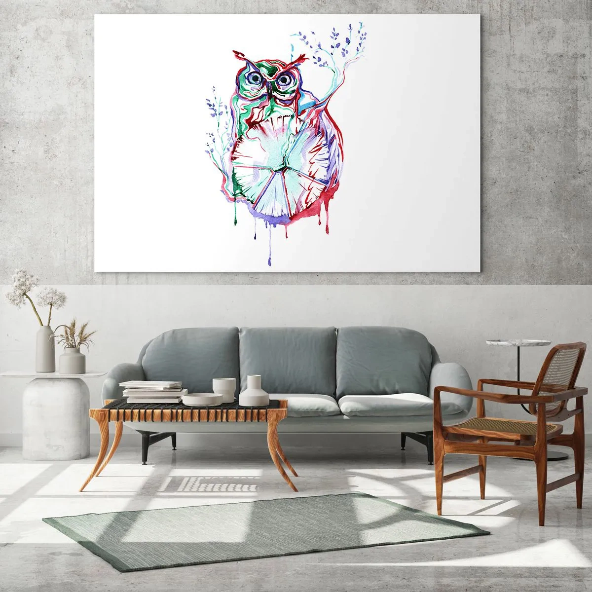 Obraz na skle - Abstraktní sova v barevné akvarelové kompozici - 70x50cm - Moudrost z přírody - Moderní nástěnná dekorace do obývacího pokoje a ložnice ARTTOR