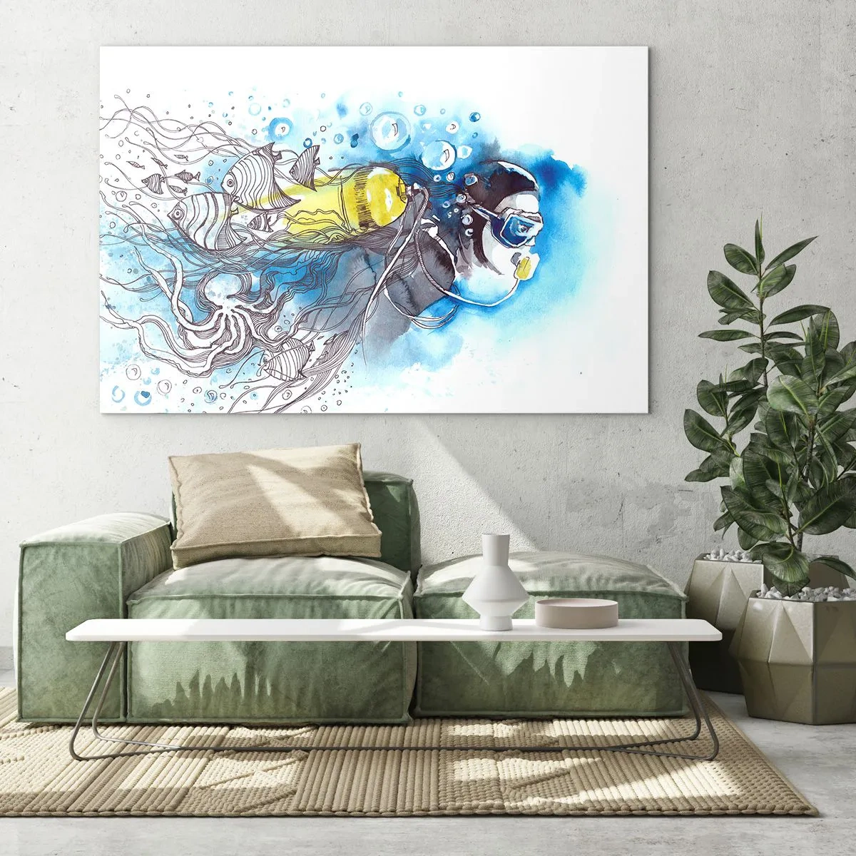Obraz na skle - Potápěč pod vodou s rybami v uměleckém akvarelu - 70x50cm - Velká modř - Moderní nástěnná dekorace do obývacího pokoje a ložnice ARTTOR