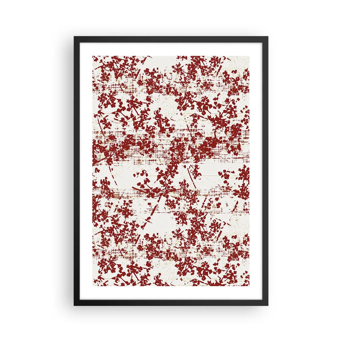 Plakát v černém rámu - Červené květinové akcenty na světlém pozadí - 50x70cm - Staré kaliko - Moderní nástěnná dekorace do obývacího pokoje a ložnice ARTTOR