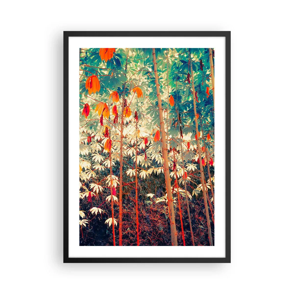 Plakát v černém rámu - Barevný tropický les, v němž dominuje červená a zelená - 50x70cm - Tajný život listů - Moderní nástěnná dekorace do obývacího pokoje a ložnice ARTTOR