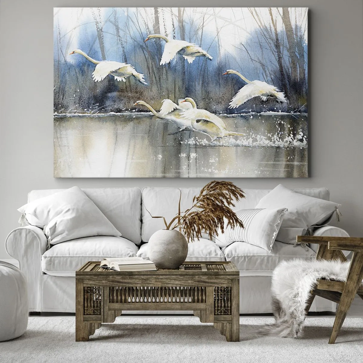 Obraz na plátně - Labutě v letu nad zamrzlým jezerem v zimní krajině - 70x50cm - Jako v povídce o divokých labutích - Moderní nástěnná dekorace do obývacího pokoje a ložnice ARTTOR