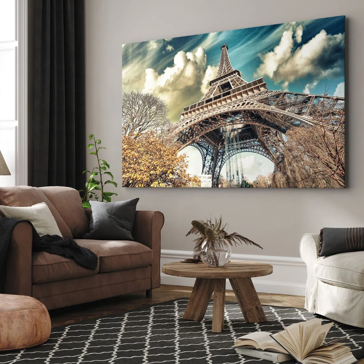 Obraz na plátně - Eiffelova věž zdola v podzimním prostředí - 70x50cm - A na podzim v Paříži… - Moderní nástěnná dekorace do obývacího pokoje a ložnice ARTTOR