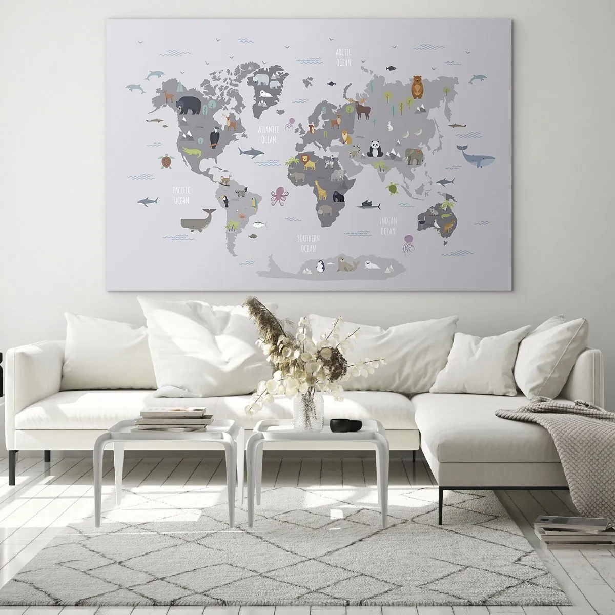 Obraz na skle - Ilustrovaná mapa světa s charakteristickými zvířaty - 70x50cm - Řekni mi, odkud jsi… - Moderní nástěnná dekorace do obývacího pokoje a ložnice ARTTOR