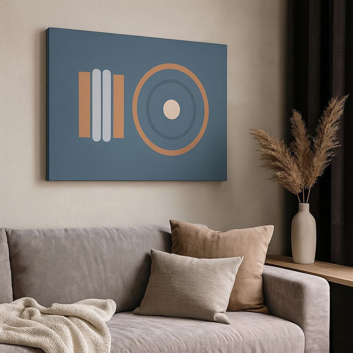 Obraz na plátně - Geometrická kompozice s kruhy a obdélníky v tlumených barvách. - 70x50cm - Podstata věcí - Moderní nástěnná dekorace do obývacího pokoje a ložnice ARTTOR