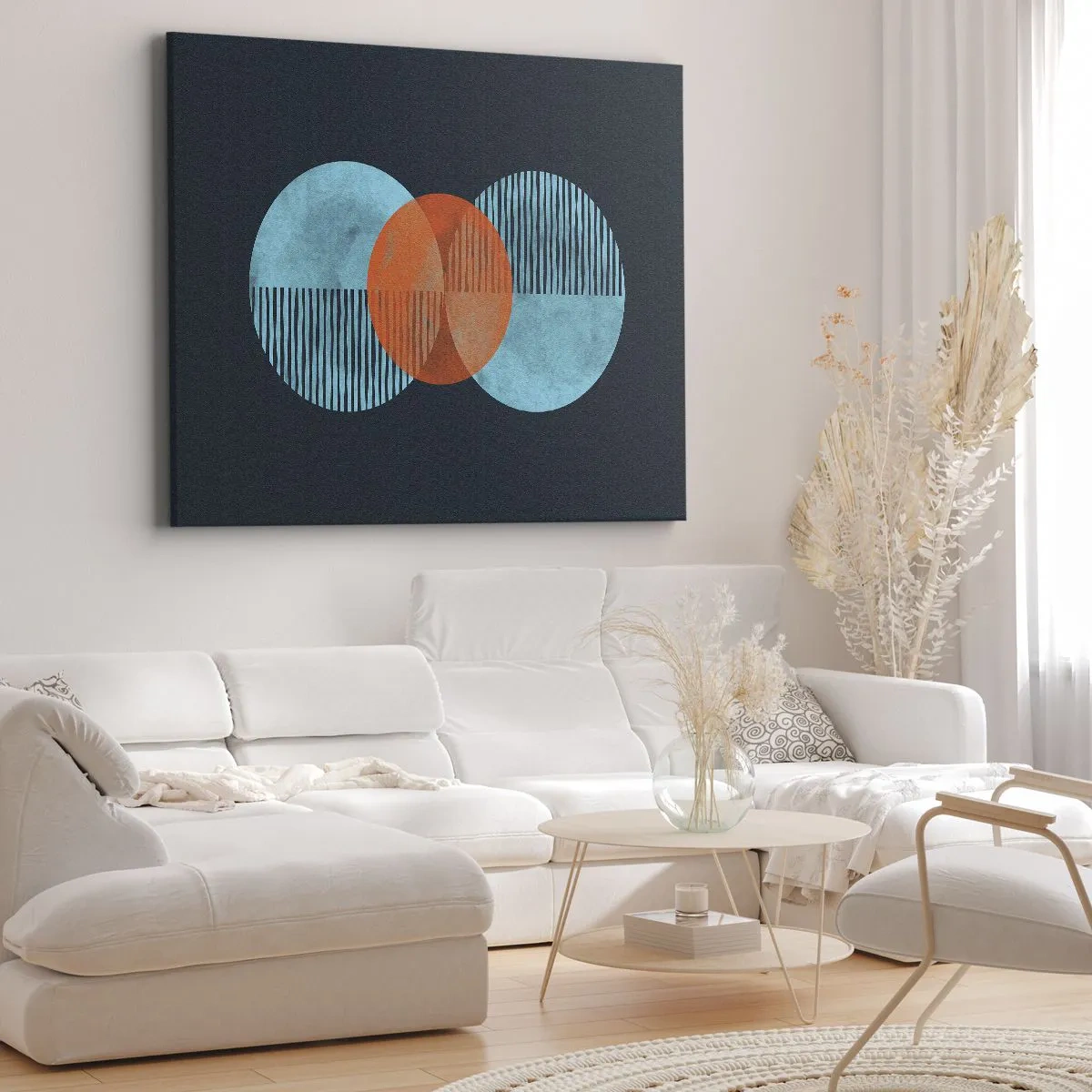 Obraz na plátně - Geometrické kruhy v odstínech modré a oranžové - 70x50cm - Symetrická kompozice - Moderní nástěnná dekorace do obývacího pokoje a ložnice ARTTOR