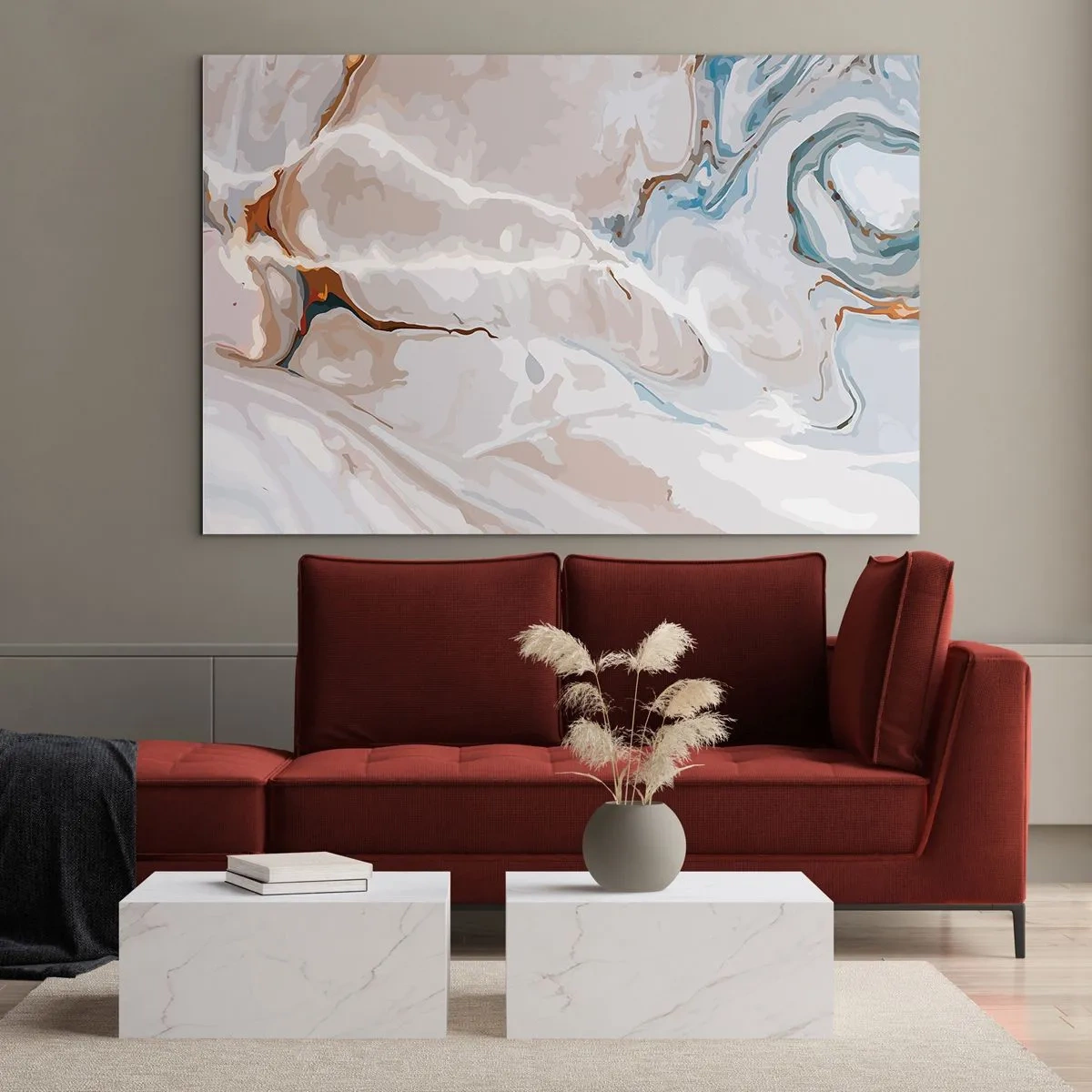 Obraz na skle - Umělecký vzor v neutrálních tónech s akcenty modré - 70x50cm - Modré meandry pod bílou - Moderní nástěnná dekorace do obývacího pokoje a ložnice ARTTOR