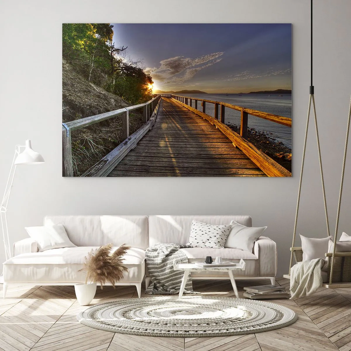 Obraz na skle - Dřevěná lávka při západu slunce - 70x50cm - Jít, stále jít směrem ke slunci - Moderní nástěnná dekorace do obývacího pokoje a ložnice ARTTOR