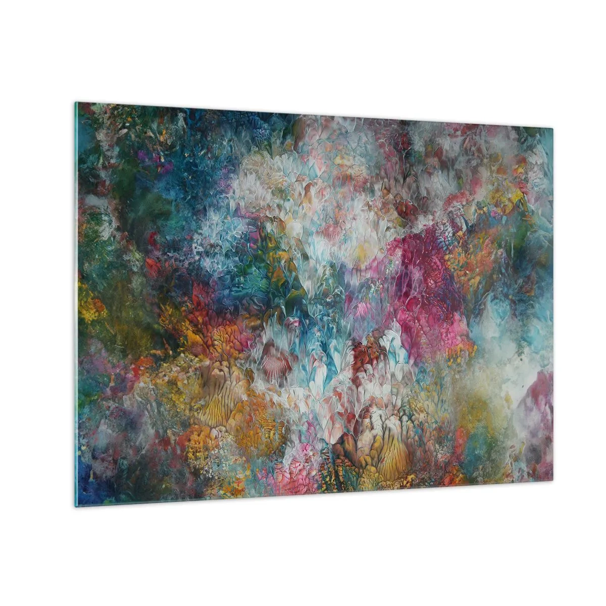 Obraz na skle - Abstraktní kompozice barevných květin v intenzivních barvách. - 70x50cm - V plném rozkvětu - Moderní nástěnná dekorace do obývacího pokoje a ložnice ARTTOR