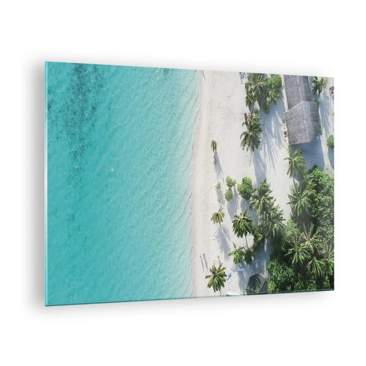 Obraz na skle - Pohled z ptačí perspektivy na tropickou pláž s palmami a tyrkysovým mořem - 70x50cm - Dovolená v ráji - Moderní nástěnná dekorace do obývacího pokoje a ložnice ARTTOR