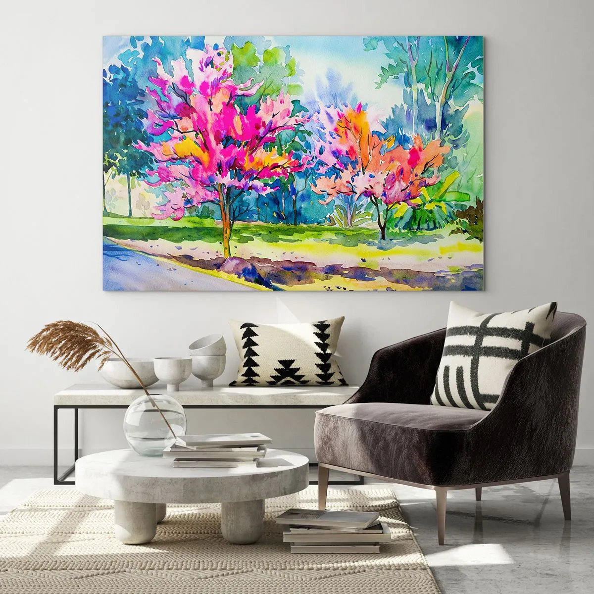 Obraz na skle - Barevné stromy v parku malované akvarelovou technikou - 70x50cm - Duhová zahrada v jarním lesku - Moderní nástěnná dekorace do obývacího pokoje a ložnice ARTTOR