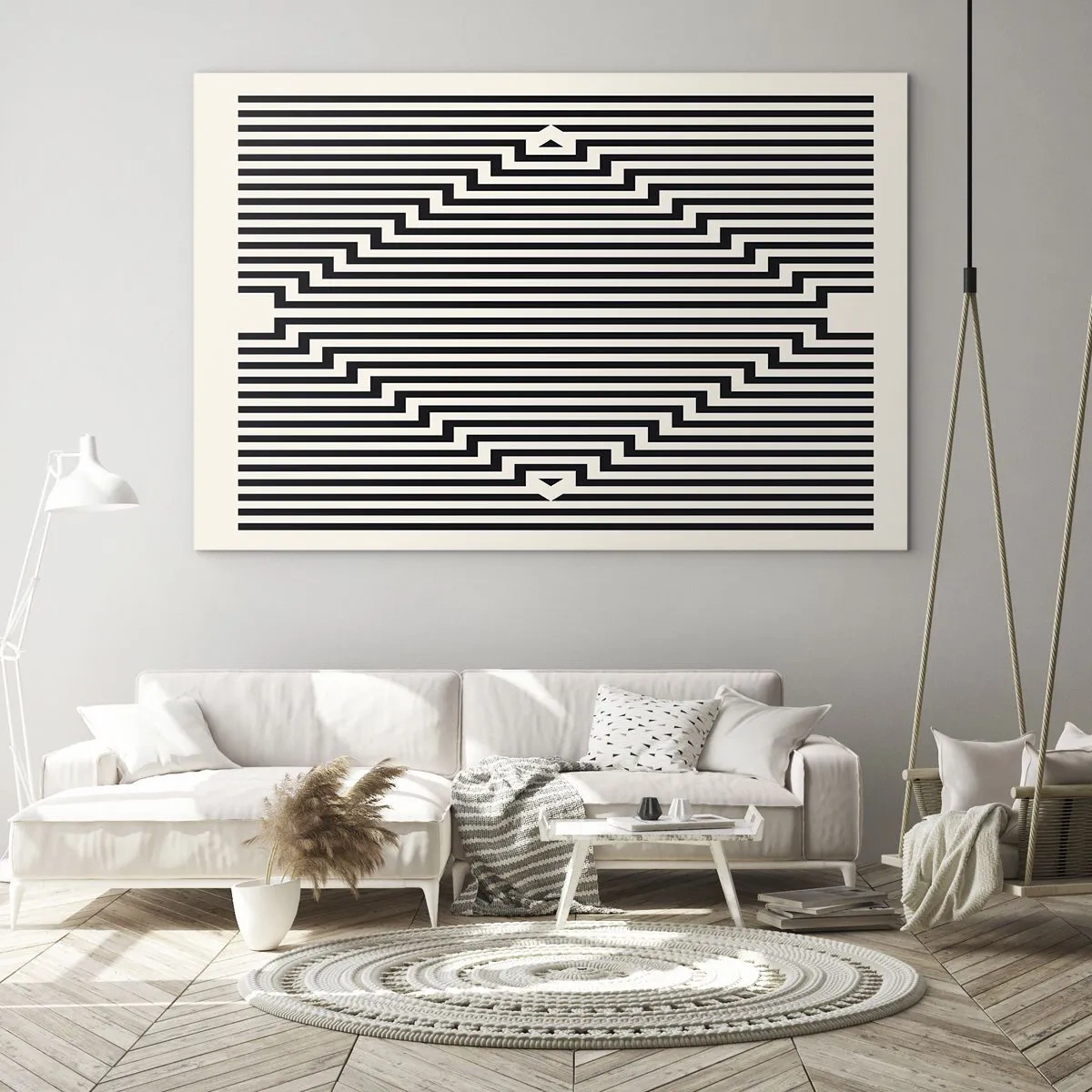 Obraz na skle - Fascinující vzor černobílých čar vytvářející iluzi - 70x50cm - Geometrická iluze - Moderní nástěnná dekorace do obývacího pokoje a ložnice ARTTOR