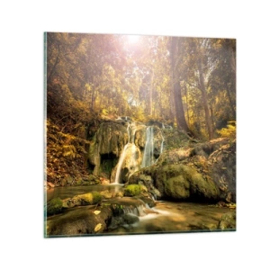 Obraz na skle - Lesní vodopád v zelené - 70x70 cm