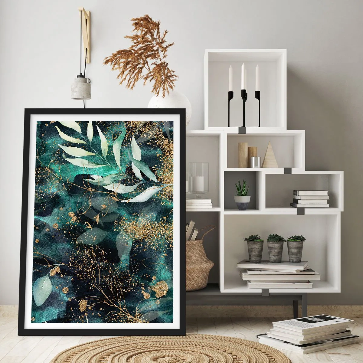 Plakát v černém rámu - Zelené listy a zlaté akcenty na tmavém pozadí - 50x70cm - Kouzelná zahrada - Moderní nástěnná dekorace do obývacího pokoje a ložnice ARTTOR