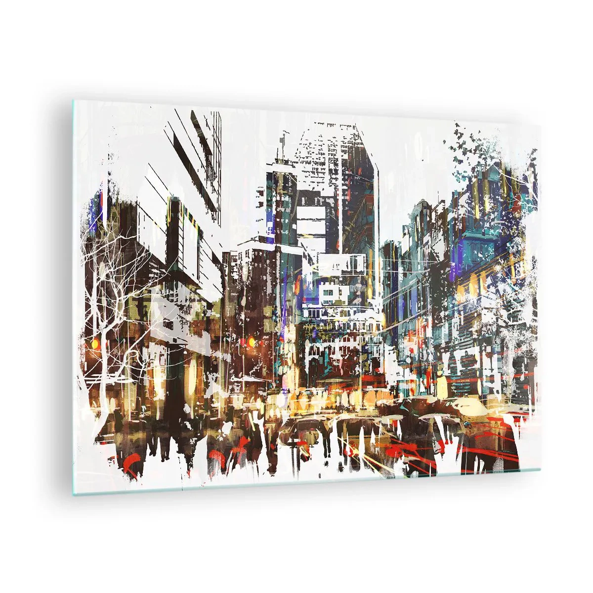 Obraz na skle - Barevná světla města v uměleckém, třpytivém stylu - 70x50cm - Třpytivé město - Moderní nástěnná dekorace do obývacího pokoje a ložnice ARTTOR