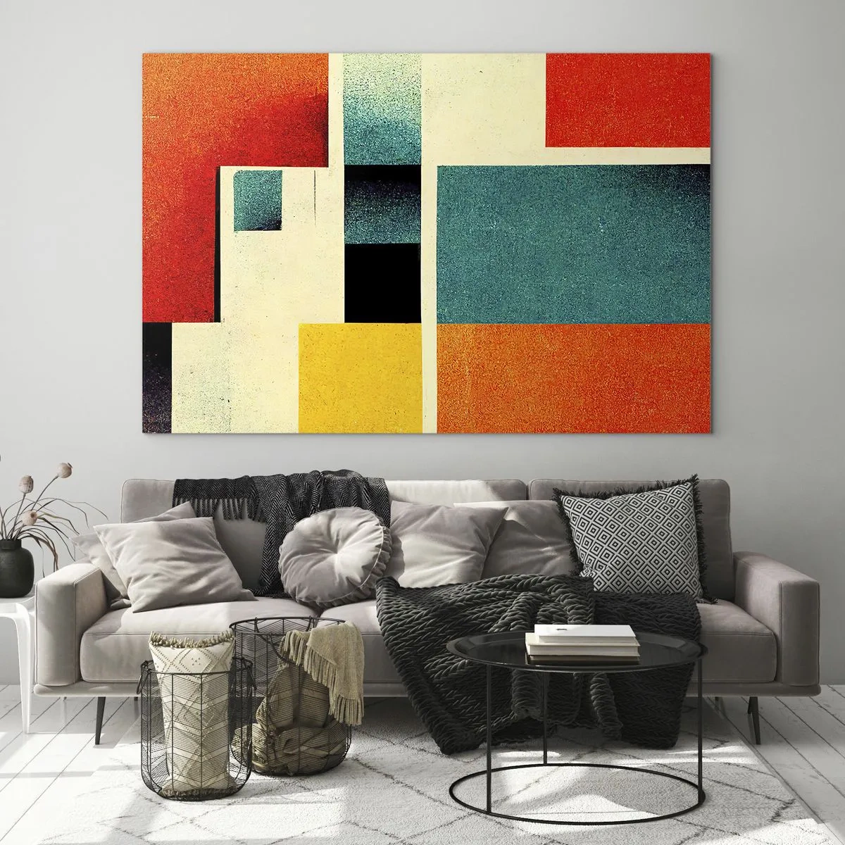 Obraz na skle - Barevné geometrické obdélníky v retro stylu - 70x50cm - Geometrická abstrakce – dobrá energie - Moderní nástěnná dekorace do obývacího pokoje a ložnice ARTTOR