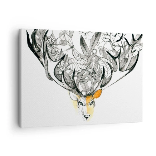 Obraz na plátně - Decentní grafika jelena s ozdobnými parohy - 70x50cm - Rohy hojnosti - Moderní nástěnná dekorace do obývacího pokoje a ložnice ARTTOR