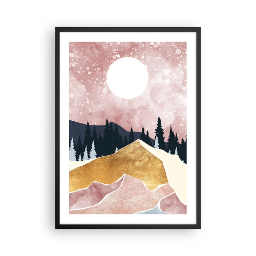 Plakát v černém rámu - Abstraktní krajina s lesem, horami a zlatými akcenty - 50x70cm - Noční hlídka - Moderní nástěnná dekorace do obývacího pokoje a ložnice ARTTOR